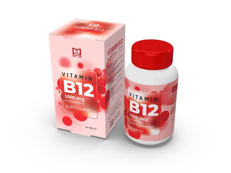 جعبه ویتامین B12 با دایره‌های قرمز روی پس‌زمینه سفید